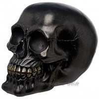 NAMENLOS Metallisch glänzender schwarzer Gothic-Totenkopf Gold Schimmernde Oberfläche | Fantasy Skull Totenschädel Kopf-Skulptur Statue Figur H 12 cm