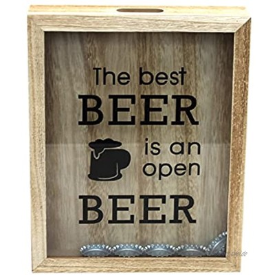 Bier Kronkorkensammelkasten 'The best beer is an open beer' 25x20x4cm Holz Natur Sammelkasten Dekoration Kronkorken