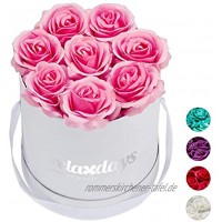 Relaxdays Rosenbox rund 8 Rosen stabile Flowerbox weiß 10 Jahre haltbar Geschenkidee dekorative Blumenbox rosa