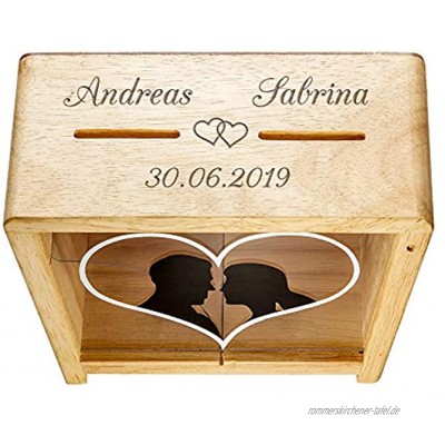 Casa Vivente Spardose zur Hochzeit mit Gravur Motiv Herzen Personalisiert mit Namen und Datum Aus Holz Verpackung für Geldgeschenke