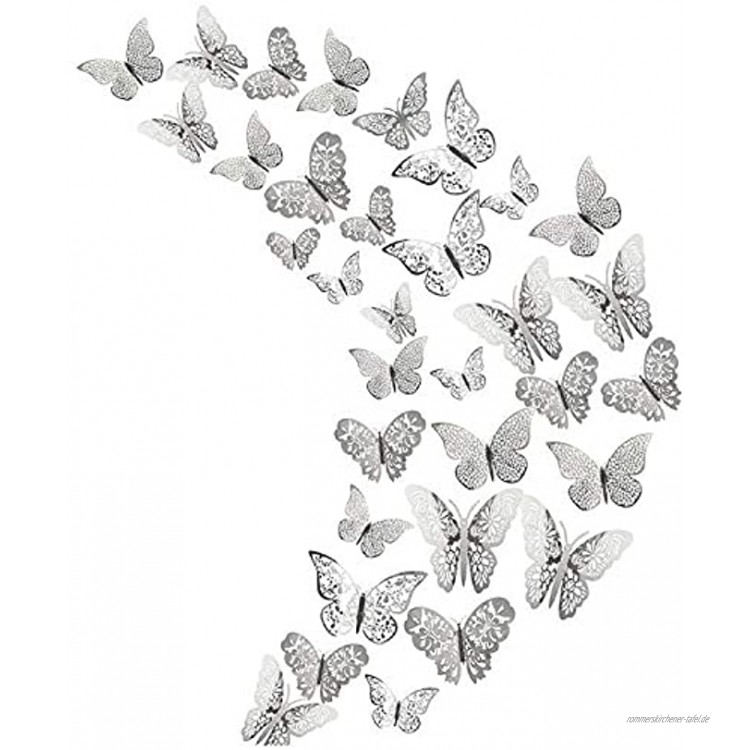 36 Stück 3D-Hohlmetall-Schmetterlingsaufkleber aus Metall Aufkleber für Baby- Mädchenzimmerdekoration DIY-Wandaufkleber abnehmbare Dekoration für Hochzeitsfeiern Silber
