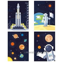 ChicResult Wandbilder 4er Set Astronaut Weltraum Deko Poster für Jungs Kinderzimmer Kinderbilder Rakete Planeten Weltall DIN A4 ohne Bilderrahmen