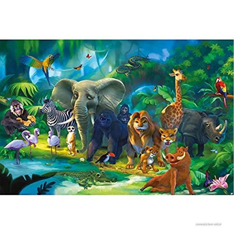 GREAT ART® XXL Poster Kinderzimmer – Dschungel Tiere – Wandbild Dekoration Jungle Animales Zoo Natur Safari Adventure Tiger Löwe Elefant Affe Fotoposter Wandbild Wanddeko Motiv 140 x 100 cm