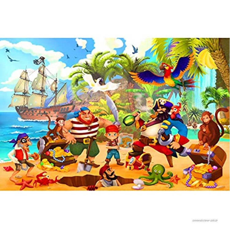 GREAT ART® XXL Poster Kinderzimmer – Piraten – Wandbild Dekoration Abenteuer Piratenschiff Schatzinsel Kinder Jungen Mädchen Illustration Comic Wanddeko Bild 140 x 100 cm