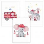 Pandawal Kinderzimmer Bilder Babyzimmer Deko Junge und Mädchen Grau Feuerwehrauto Elefant Mäuse 3er Poster Set T1 Kinder Wandbilder DIN A4 Baby Kinderposter Wasserfarbe