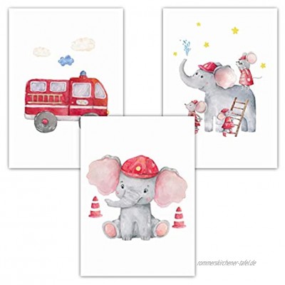 Pandawal Kinderzimmer Bilder Babyzimmer Deko Junge und Mädchen Grau Feuerwehrauto Elefant Mäuse 3er Poster Set T1 Kinder Wandbilder DIN A4 Baby Kinderposter Wasserfarbe