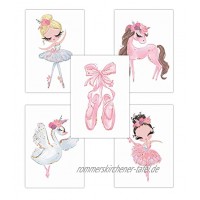 Pandawal Kinderzimmer deko Mädchen Wandbilder Ballerina Schwan Pferd Rosa Bilder 5er Poster Set T7 im DIN A4 Format