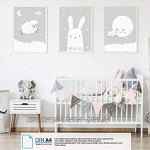 Pandawal Wandbilder Kinderzimmer deko Junge und Mädchen Dream Big Grau Schaf Hase Mond Bilder 3er Poster Set T5 im DIN A4 Format