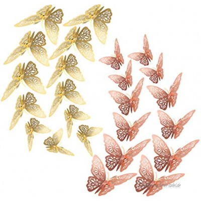 RuiChy 24 Stück Schmetterling Wandaufkleber 3D Abnehmbar Schmetterlinge Wandtattoo Wandbilder Wandsticker Dekoration Abziehbilder Wanddeko für Schlafzimmer Kinderzimmer Gold & Roségold