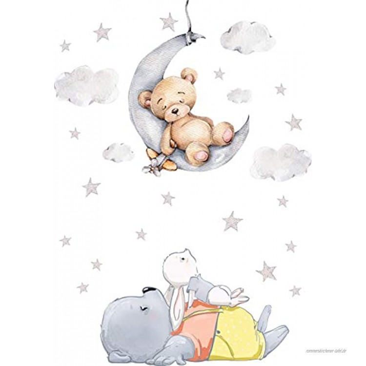 Szeridan D308 40 x 60 cm Teddybär auf dem Mond Kaninchen Wolken Sterne Tiere Himmel Wandtattoo Babyzimmer Wandsticker Aufkleber Deko für Kinderzimmer Baby Kinder XXS 40 x 60 cm