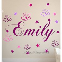 Wandschnörkel ® Wandtattoo Kinderzimmer Wunsch-Namen personalisiert in Lila mit 19 Schmetterlingen und Sternen in Rosa,Flieder,Pink und Lila