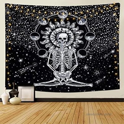 Dremisland Schädel Wandteppich Meditation Skeleton Tapisserie Mond Eclipse Wandbehang Tuch Wandtuch Schwarz und Weiß Sterne Sternenhimmel Tapestry für Wohnzimmer Schlafzimmer Schädel L 148X200 cm