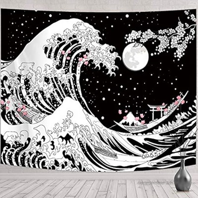 Japanische Welle Wandbehang Wandteppich Große Welle Tapisserie Kanagawa Welle Wanddekoration mit Sonnenuntergang Kirschblüte Schwarz und Weiß für Wohnzimmer 78,7 x 59,1 Zoll B x L