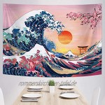 Ozean Welle Tapisserie Sonnenuntergang Tapisserie Wandbehang Japanische Kanagawa Wandteppich Große Welle Kirschblüte Natur Hintergrund Tapisserie für Japanische Party 59 x 78,7 Zoll
