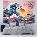 Ozean Welle Tapisserie Sonnenuntergang Tapisserie Wandbehang Japanische Kanagawa Wandteppich Große Welle Kirschblüte Natur Hintergrund Tapisserie für Japanische Party 59 x 78,7 Zoll