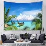 YISURE Tropische Palmblatt-Kokosnussbäume Wandbehang blauer Himmel Ozeanboot Wandteppich für Schlafzimmer 150 x 200 cm