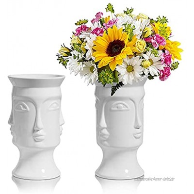 ComSaf Keramik Vase Weiß 2er Set Modern Gesicht Design Blumenvase Deko Strauß Kernstück für Zuhause Hochzeit Weihnachten 18CM Höhe
