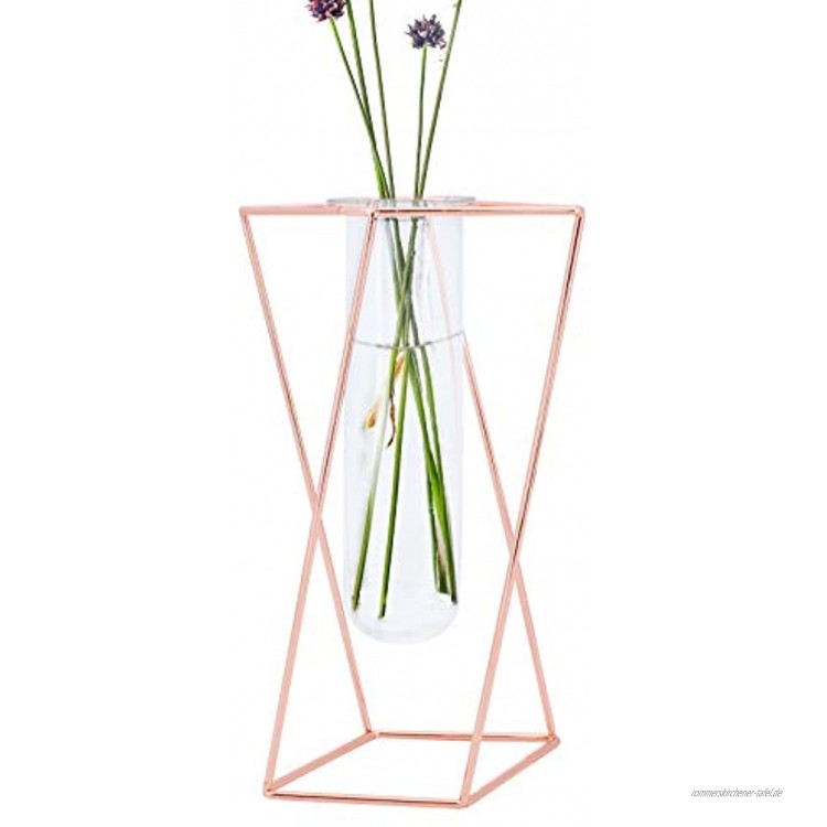 TAECOOOL Tischglas Reagenzglas Vase Dekorationen mit Roségold geometrischen Metallrahmen geometrische Vasen für Blumen im Studienbüro Coffee Table Center golden L-24CM