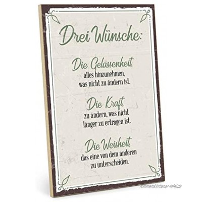 TypeStoff Holzschild mit Spruch – DREI WÜNSCHE – im Vintage-Look mit Zitat als Geschenk und Dekoration zum Thema Gelassenheit Kraft und Weisheit 19,5 x 28,2 cm