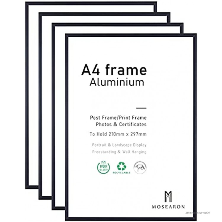 A4-Fotorahmen 4er-Pack-21x30cm schwarzer Bilderrahmen Zertifikatsrahmen für Wandmontage oder Tischaufsteller 4er-Set