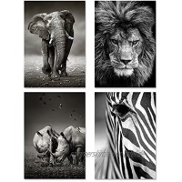 PICSonPAPER Poster 4er-Set Wildlife ungerahmt DIN A4 Dekoration fürs Wohnzimmer oder Büro Dekoposter Kunsstdruck Wandbild Elefant Löwe Nashorn Zebra schwarz Weiss Geschenk Format DIN A4